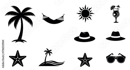 Black silhouette icons of tropical vacation essentials including a palm tree, hammock, sun, cocktail, hats, starfish, and sunglasses.