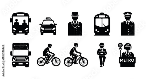 Black silhouette icons depicting various transportation modes and related occupations, including buses, taxis, trains, cyclists, and metro staff.