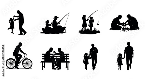Silhouettes of family activities including dancing, fishing, playing, cycling, dining, reading, and walking, showcasing various interactions between parents and children.