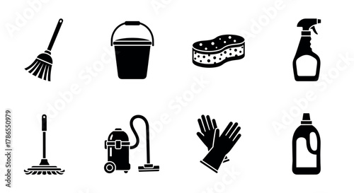 Black silhouette icons depicting various cleaning tools, including a broom, bucket, sponge, spray bottle, mop, vacuum cleaner, gloves, and detergent bottle.