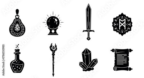 Black and white icons of fantasy items including a pendant, crystal ball, sword, shield, potion, staff, crystals, and a scroll, designed with intricate details.