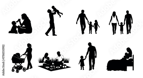 Black silhouettes depicting various family activities, including parents with children, a couple with a stroller, and a family picnic.