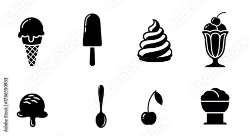 Black silhouette icons of various ice cream types including a cone, popsicle, soft serve, sundae, scoop on a plate, spoon, cherry, and bowl.