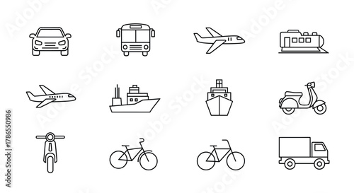 Black and white outline icons of various transportation methods, including cars, buses, airplanes, trains, ships, scooters, bicycles, and trucks.