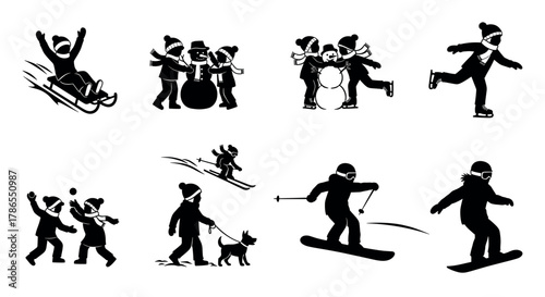 Silhouette illustrations of children and adults engaged in winter activities like sledding, building snowmen, ice skating, skiing, and snowboarding.