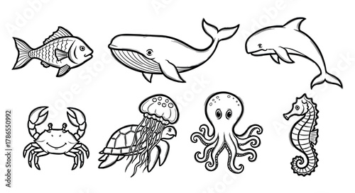 Black outline vector drawings of various marine animals, including a fish, whale, dolphin, crab, jellyfish, octopus, and seahorse, showcasing different sea creatures.