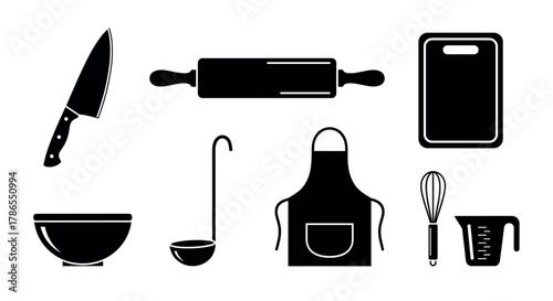 Black silhouette icons of essential kitchen tools including a knife, rolling pin, cutting board, mixing bowl, ladle, apron, whisk, and measuring cup.