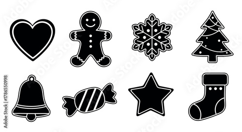 Black outline icons of festive christmas shapes including a heart, gingerbread man, snowflake, tree, bell, candy, star, and stocking.