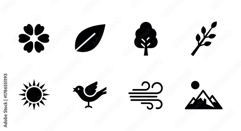 Fototapeta premium Eight black silhouette icons representing nature elements, including a flower, leaf, tree, branch, sun, bird, wind, and mountains.
