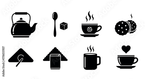 Set of eight black silhouette icons depicting various tea-related items including a kettle, spoon, sugar cube, steaming cups, biscuits, pyramid teabag, and a container.