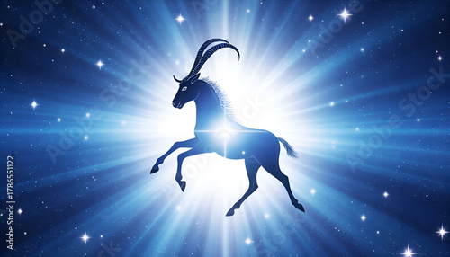 Capricorn zodiac sign, symbol of the 10th house of the horoscope, the magical astrological Goat against the background of the starry sky.