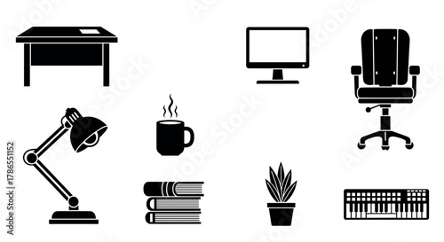 Black silhouettes of office desk, desktop computer, office chair, desk lamp, coffee mug, stack of books, potted plant, and computer keyboard.