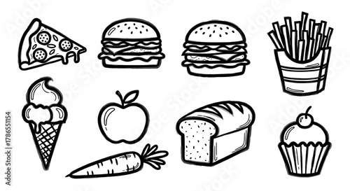 Black outline icons of assorted foods including pizza, burgers, fries, ice cream, apple, bread, carrot, and a cupcake with clear and detailed illustrations.