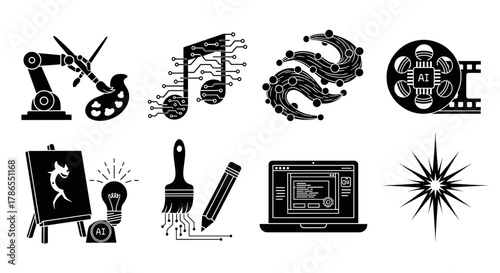 A collection of black silhouette icons depicting ai in art and programming, including tools like a robotic arm, musical notes, circuit designs, and a laptop interface.