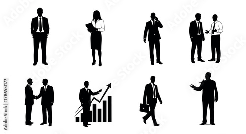 Silhouette illustration of business professionals, including males and females, engaged in various activities such as discussions, presentations, and phone calls.