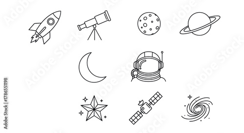 Black outline icons depicting space elements including a rocket, telescope, moon, astronaut, and satellite, ideal for astronomy and science themes.