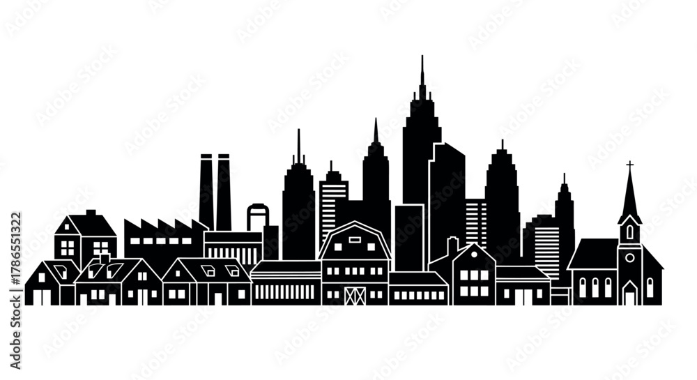 Obraz premium Silhouette of a diverse cityscape featuring modern skyscrapers, industrial buildings, and a church, symbolizing urban development and community life.