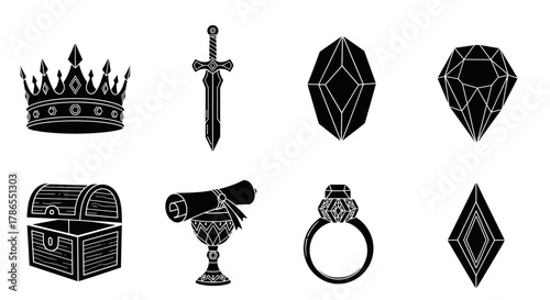 Black and white icons featuring a crown, a sword, a diamond, a treasure chest, a scroll, a chalice, a ring with a large gemstone, and a geometric gem shape.