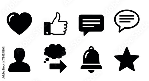 Black silhouette icons of common online interaction symbols including heart, thumbs up, comment bubbles, thought cloud, notification bell, and star.