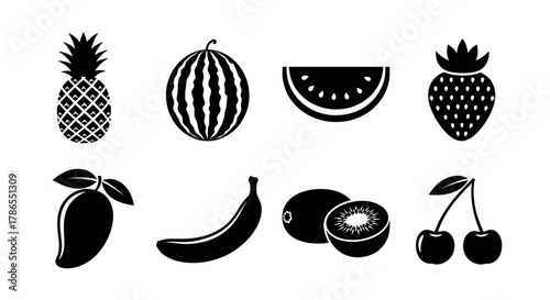 Black silhouette icons of various fruits including pineapple, watermelon, strawberry, mango, banana, kiwi, and cherries on a white background.