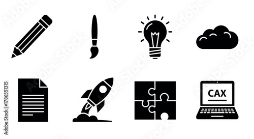 Black silhouette icons of a pencil, paintbrush, light bulb, cloud, document, rocket, puzzle piece, and laptop arranged in rows.