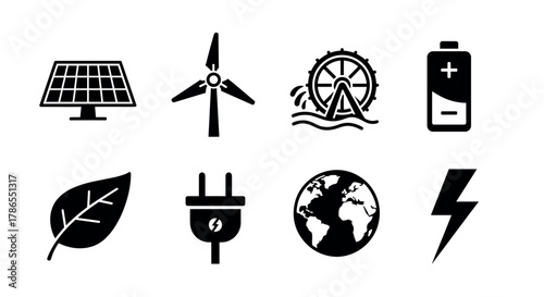 Set of eight black icons representing renewable energy concepts, including solar panel, wind turbine, water wheel, battery, leaf, plug, globe, and lightning bolt.