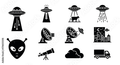 Black silhouette icons depicting ufos, alien head, radar dishes, a telescope, clouds, a truck, and a cow being abducted by a spaceship.