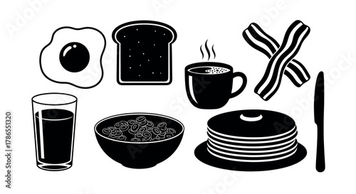 Black and white icons of breakfast foods, including a fried egg, toast, steaming coffee, crispy bacon, glass of juice, cereal bowl, and stacked pancakes.