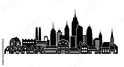 Silhouette of a diverse cityscape featuring modern skyscrapers, industrial buildings, and a church, symbolizing urban development and community life.