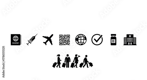 Black icon set depicting travel-related elements including a passport, syringe, airplane, qr code, globe, checkmark, medication, hospital, and travelers with luggage.