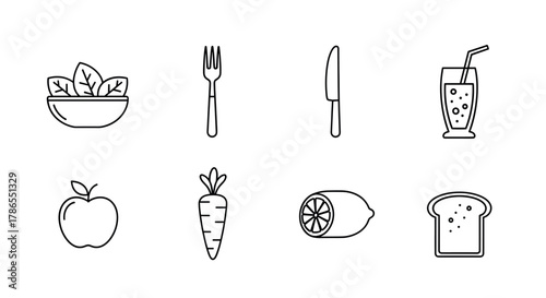 Set of black outline food and drink icons, including salad, utensils, a drink, an apple, a carrot, a lemon, and a slice of bread.