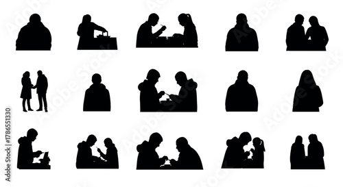 Silhouettes of people engaged in various activities such as eating, reading, and conversing in different pairs or solo poses.