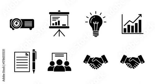 Black and white business icons set showcasing presentation, lightbulb idea, growth chart, document with pen, teamwork, and handshake concepts.