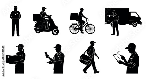 Silhouettes of delivery workers and vehicles, illustrating different modes of parcel delivery including scooter, bicycle, and truck.