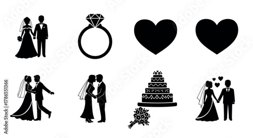 Black silhouette icons depicting various wedding elements, including a bride and groom, engagement ring, hearts, wedding cake, and a bouquet of flowers.