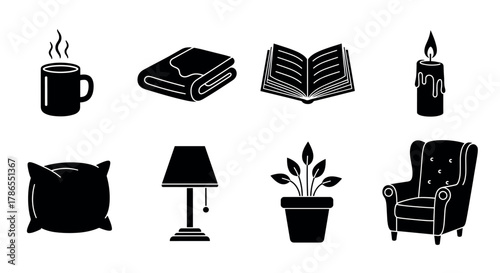 Black silhouettes of home comfort items, including a mug, folded blanket, open book, lit candle, cushion, table lamp, potted plant, and upholstered armchair.