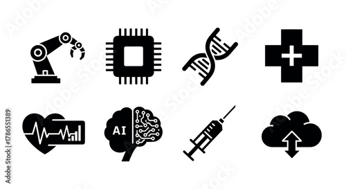 Set of eight black icons representing a robotic arm, microchip, dna strand, medical cross, heart monitor, ai brain, syringe, and cloud upload symbol.