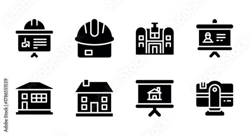 A set of eight black construction and architecture icons including hard hats, buildings, and project presentations on a white background.