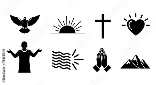 Set of black religious and spiritual icons, including a dove, rising sun, cross, heart with rays, praying silhouette, wavy lines, praying hands, and mountains.