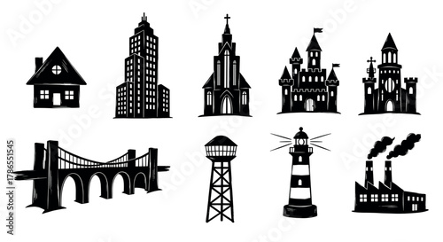 Black and white silhouettes of various architectural structures, including a house, skyscraper, church, castle, bridge, water tower, lighthouse, and factory.