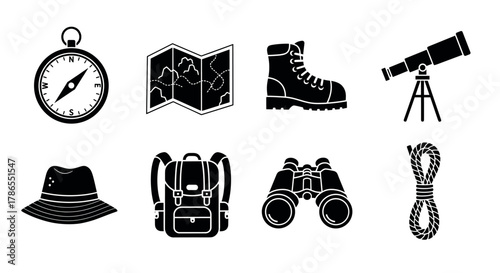 Black silhouette icons of various camping and hiking gear, including a compass, map, boot, telescope, hat, backpack, binoculars, and rope.