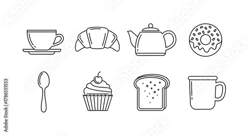 Set of eight black outline icons depicting various breakfast items including a cup with saucer, croissant, teapot, donut, spoon, cupcake, toast, and mug.