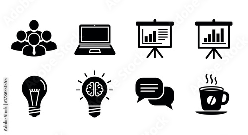 Black icons representing teamwork, a laptop, bar graph presentations, light bulbs with brain symbol, speech bubbles, and a steaming cup of coffee.