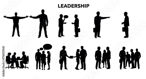 Silhouettes of individuals in various workplace scenarios, including discussions, presentations, and teamwork, emphasizing leadership and communication roles.