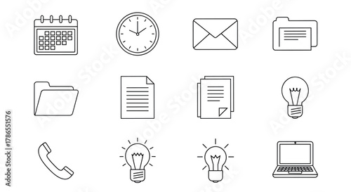 Black outline icons representing office basics, including a calendar, clock, envelope, folders, documents, light bulbs, telephone, and a laptop.
