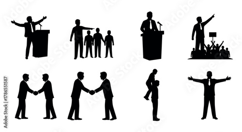 Black silhouette illustrations of businessmen in various poses, including speaking at a podium, pointing, shaking hands, and interacting with people.