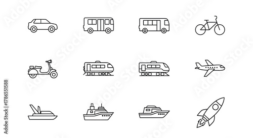 Black outline icons of various vehicles including cars, buses, a bicycle, a scooter, trains, airplanes, ships, and a rocket, representing different modes of transportation.