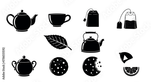 Black silhouette icons of a teapot, teacup, tea bags, mint leaf, kettles, sugar bowl, and cookies with a lemon slice.