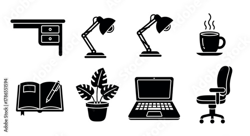 Collection of black silhouette icons featuring a desk, adjustable lamps, steaming coffee cup, open notebook with pen, potted plant, laptop, and an office chair.