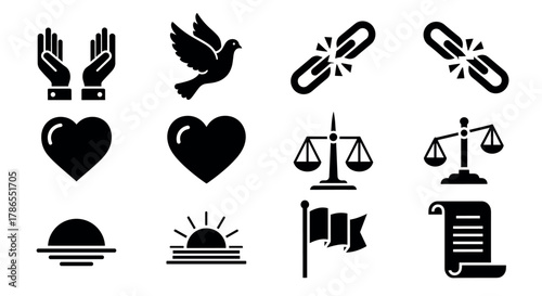 Black and white icon set featuring symbols of peace, justice, love, and unity, including scales, a dove, broken chains, hearts, and a sunrise.